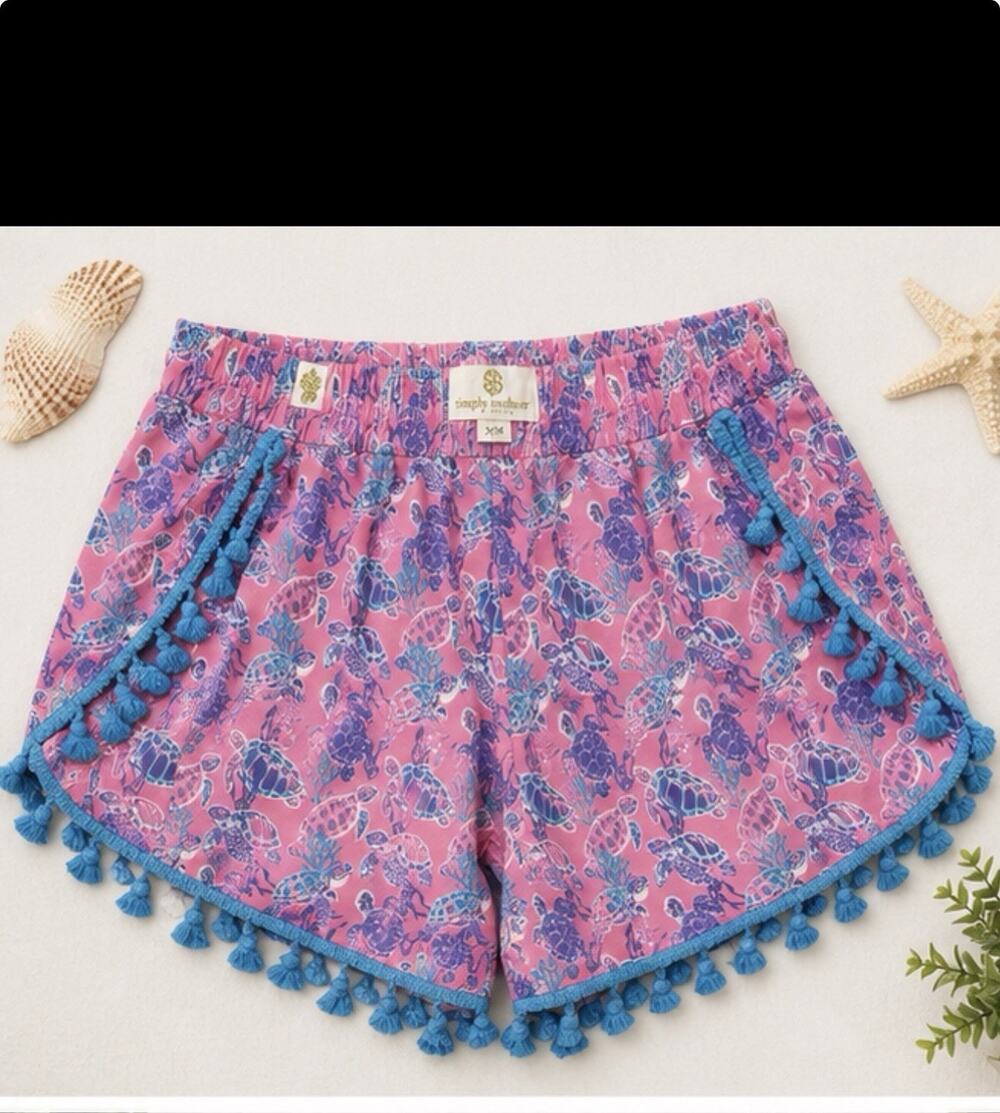 Simply Southern Sea Turtle Tassel Shorts Pink Blue Women’s S/M